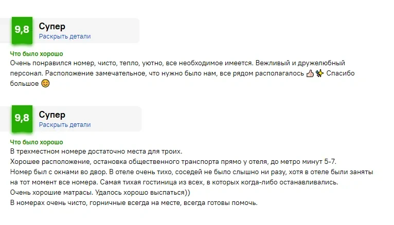 Скриншот отзывов гостей с высокими оценками